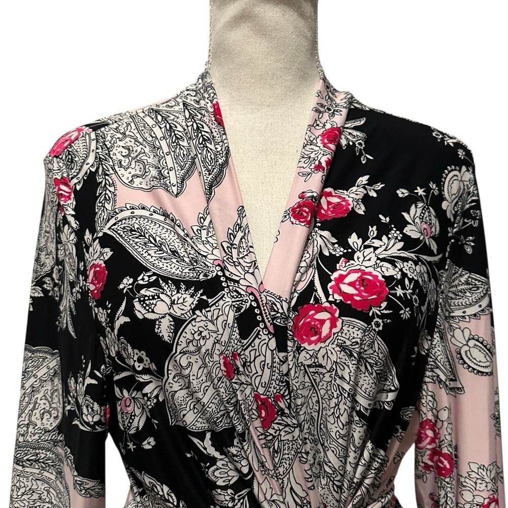 Linea‎ Donatella Black Pink Paisley Floral Long Sleeve Tie Waist Robe L/XL Boho - Picture 2 of 7